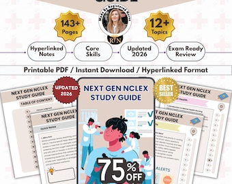May include: A study guide titled "NEXT GEN NCLEX STUDY GUIDE" with the text "Updated 2026". The guide includes "143+ Pages" and "12+ Topics". It is available as a printable PDF and instant download. The image also shows a "75% OFF" promotion.
