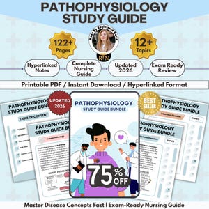 Puede incluir: Una guía de estudio de fisiopatología con más de 122 páginas y 12 temas en formato PDF imprimible. La portada muestra una ilustración de profesionales médicos y el texto 75% OFF, Updated 2026 y Best Seller.