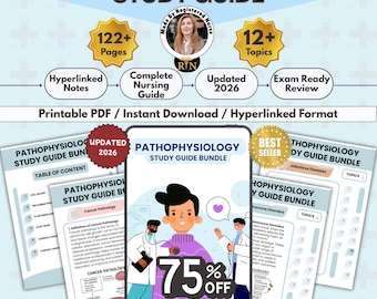May include: A Pathophysiology Study Guide bundle featuring 122+ pages and 12+ topics in a printable PDF format. The cover displays a cartoon illustration of medical professionals and the text 75% OFF, Updated 2026, and Best Seller.