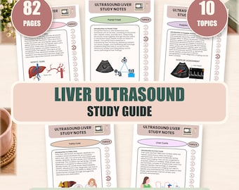 May include: A digital liver ultrasound study guide featuring 82 pages and 10 topics. The document includes illustrated notes on the portal triad, Doppler assessment, fatty liver, and liver cysts with diagrams, text, and icons for sonography students.