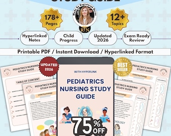 May include: A digital Pediatrics Nursing Study Guide displayed on a tablet screen with multiple printed pages behind it. The guide features the text Pediatrics Nursing Study Guide, 75% OFF, and includes illustrations of nurses and children.