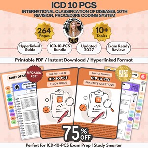 May include: A digital study guide bundle for ICD-10-PCS featuring 264 pages, 10+ topics, and updated 2027 content. The set includes a hyperlinked PDF, practice questions, and study materials with icons of a clipboard, magnifying glass, and pen.
