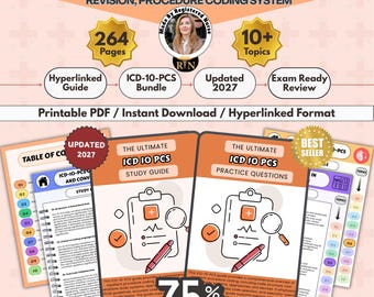 May include: A digital study guide bundle for ICD-10-PCS featuring 264 pages, 10+ topics, and updated 2027 content. The set includes a hyperlinked PDF, practice questions, and study materials with icons of a clipboard, magnifying glass, and pen.