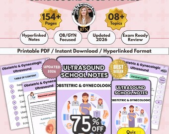 May include: Obstetric and gynecologic ultrasound study notes in a printable PDF format. The digital document includes 154+ pages, 08+ topics, hyperlinked notes, and an updated 2026 exam-ready review. The cover features a pregnant person illustration.