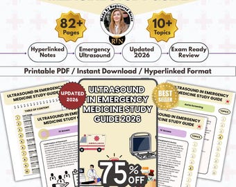 May include: An Ultrasound in Emergency Medicine Study Guide 2026 digital document featuring 82+ pages, 10+ topics, hyperlinked notes, and exam-ready review content. The guide includes illustrations of an ambulance, medical equipment, and clinical procedures.