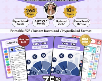 May include: A digital study guide for the AAPC-CRC exam, featuring 264 pages and 10+ topics. The printable PDF includes a hyperlinked guide, practice questions, and clinical documentation improvement sections, all updated for 2027 in a purple layout.