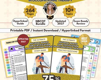 May include: An NBCOT National Board for Certification in Occupational Therapy study bundle featuring a hyperlinked PDF guide, 264 pages, 10 plus topics, and updated 2027 content. Includes a study guide and practice questions with illustrations of therapy.