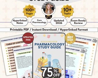 May include: A digital pharmacology study guide featuring over 100 pages and 10 topics. The cover displays the text Pharmacology Study Guide, Updated 2026, and 75% Off. It includes hyperlinked notes, core pharmacology, and exam ready review content.