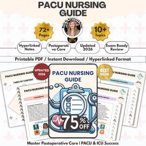 May include: A digital guide titled "PACU Nursing Guide" with the text "Updated 2026" and "75% Off." The guide includes sections on postoperative care and exam review. The image also features a stethoscope and a heart rate monitor icon.
