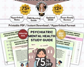 May include: A Psychiatric-Mental Health Study Guide in a printable PDF format. The guide features 75+ pages, 12+ topics, hyperlinked notes, and an exam-ready review updated for 2026. The cover displays a graphic of a person surrounded by silhouettes.