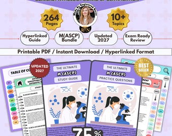 May include: A digital M(ASCP) microbiology study guide bundle featuring 264 pages, 10+ topics, and updated 2027 content. The printable PDF includes a hyperlinked guide, practice questions, and exam-ready review materials with illustrations of a scientist using a microscope.