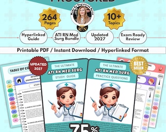 May include: A digital study guide bundle for ATI RN Med Surg exams, featuring 264 pages, 10+ topics, and updated 2027 content. The set includes a hyperlinked PDF guide and practice questions, illustrated with a nurse character holding a clipboard.