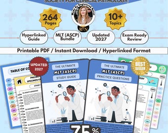 May include: A digital study bundle for the MLT (ASCP) exam, featuring a 264-page hyperlinked PDF guide, practice questions, and 10+ topics. The cover displays a laboratory technician with a microscope and text including Updated 2027 and Best Seller.