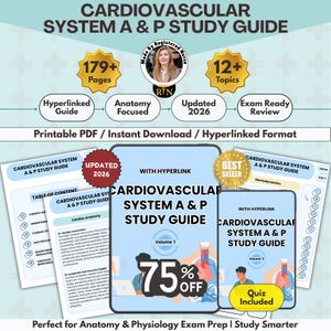 May include: A digital cardiovascular system anatomy and physiology study guide in PDF format. The guide features 179 plus pages, 12 plus topics, and is updated for 2026. It includes hyperlinked navigation, exam reviews, and volume 1 and 2.