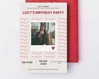 Plantilla de invitación de cumpleaños con foto Polaroid, editable en Canva, estilo minimalista moderno, invitación imprimible, corazones rojos y rosas