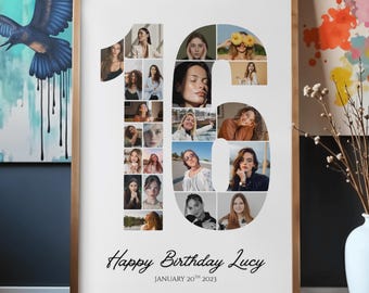 Plantilla de collage de fotos con números para el 16.º cumpleaños: Marco personalizable de Canva (descarga digital)