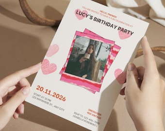 Invitación de cumpleaños con foto y corazones rosas, tarjeta de fiesta femenina para niña, plantilla editable de Canva, para imprimir.