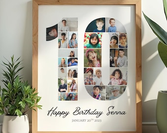 Collage de fotos para regalo de décimo cumpleaños, plantilla de números, editable en Canva (descarga digital)