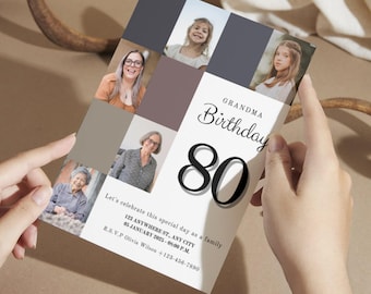 Plantilla de Canva para invitación de 80 cumpleaños: collage de fotos personalizado para abuela y abuelo.