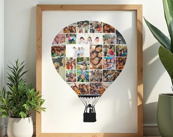 Hot Air Balloon Photo Collage Print, Personalized Picture Mosaic, Family Memory Wall Art