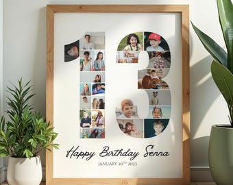 Plantilla de lienzo para collage de fotos de 13.º cumpleaños: regalo de arte mural personalizado con el número 13
