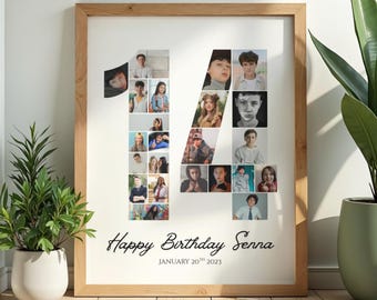 14th Birthday Photo Collage Canva Template - Custom Number 14 Gift Poster