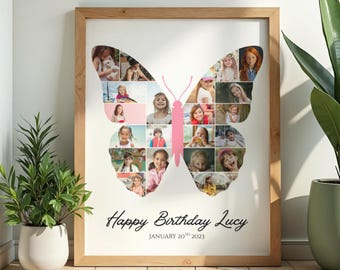 Collage de fotos de mariposas personalizado, regalo de cumpleaños para ella, decoración de pared para habitación infantil, póster de recuerdo.