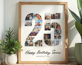 Plantilla de collage de fotos para 25 cumpleaños, regalo personalizado (editable en Canva, descarga digital)