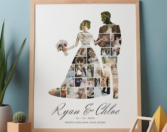 Custom Wedding Photo Collage Art, Anniversary Gift, Couple Silhouette (Digital Download)