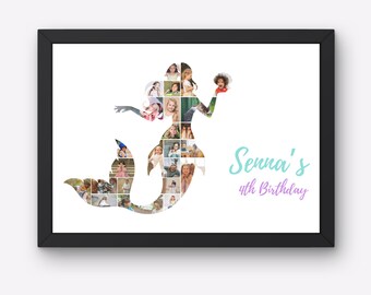 Mosaico fotográfico de sirena bajo el mar, decoración de pared infantil personalizada, recuerdo de cumpleaños, impresión