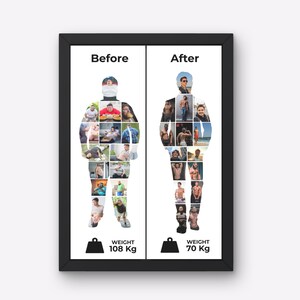 May include: A framed print showing a weight loss transformation. The left side, labeled "Before," depicts a silhouette filled with images of a person. The right side, labeled "After," shows a fit silhouette. Weight is listed as 108 kg before and 70 kg after.
