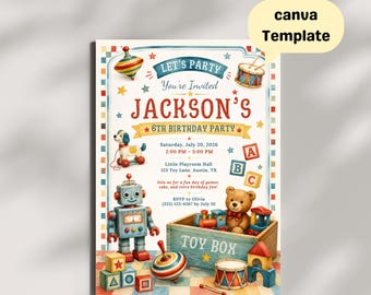 Retro Toy Box Birthday Invitation Kids Party Invite Editable Canva Template for Boys Girls