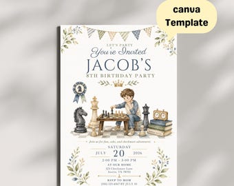 Chess Birthday Invitation, Watercolor Kids Party Template (Digital Download)