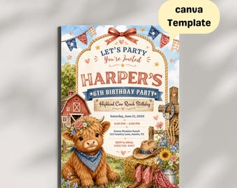 Highland Cow Birthday Invitation Canva Template (Digital Download)
