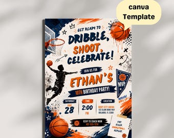 Basketball Birthday Invitation Editable Canva Template | Dribble Shoot Celebrate Kids Sports Party Invite