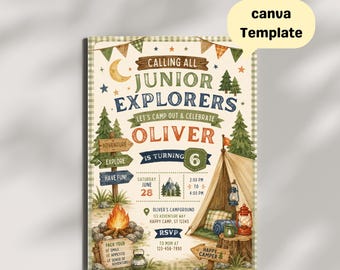 Junior Explorer Birthday Invitation Editable Canva Template Camping Campout Party Invite