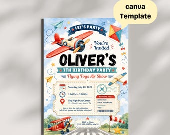 Flying Toys Air Show Birthday Invitation Editable Canva Template Airplane Party Invite