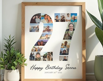 Custom Number 27 Photo Collage Wall Art, personalized pictures poster, birthday keepsake, modern design