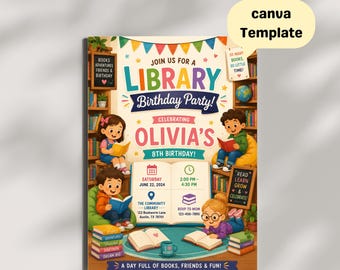 Library Birthday Invitation for Kids, Book Theme Party Invite, Reading Celebration