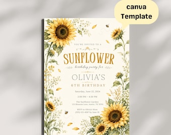 Sunflower Kids Birthday Invitation, Garden Party Invite, Floral Bee Theme, Rustic Celebration