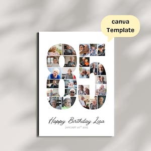 Puede incluir: Una plantilla de collage de fotos rectangular blanca que muestra el número 85 formado por varias fotografías de personas. El texto Happy Birthday Lisa y JANUARY 20TH 2023 está impreso en negro en la parte inferior. Un globo amarillo dice canva Template.