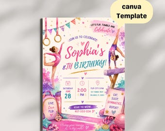Watercolor Gymnastics Birthday Invitation, Tumble Flip Party Template (Digital Download)