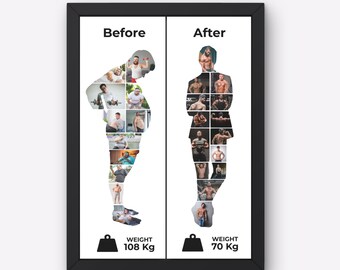 Collage personalizado de transformación física, fotos del antes y el después, viaje de pérdida de peso, póster de progreso, decoración motivacional