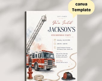 Fire Truck Birthday Invitation Template, Editable Canva Invite, Boy Party (Digital Download)