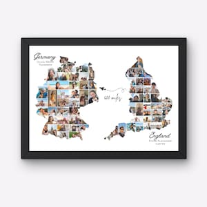 Pode incluir: Uma colagem de fotos emoldurada com os contornos da Alemanha e da Inglaterra, preenchida com inúmeras fotos pequenas. As palavras "Alemanha" e "Inglaterra" estão na parte superior e inferior, com nomes abaixo. Uma linha pontilhada com "600 milhas" conecta os dois mapas.