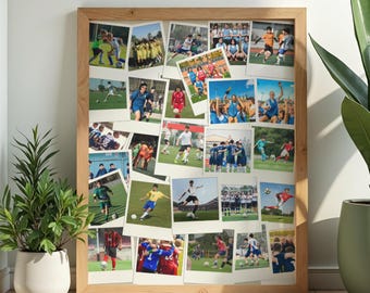 Plantilla de Canva para collage de fotos Polaroid de fútbol, regalo personalizado para entrenador de equipo deportivo.