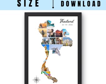 Thailand Map Photo Collage Digital Download Personalized Travel Memory Wall Art Gift Printable Decor