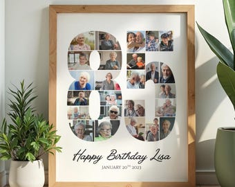 85th Birthday Picture Collage Wall Art, custom photo numbers, sentimental milestone gift, printable