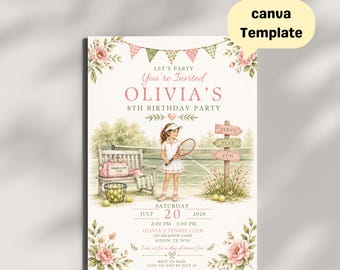 Junior Tennis Club Birthday Invitation Editable Canva Template | Watercolor Girls Tennis Party Invite