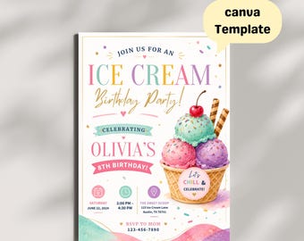 Ice Cream Birthday Party Invitation, Editable Kids Invite, Colorful Dessert Celebration